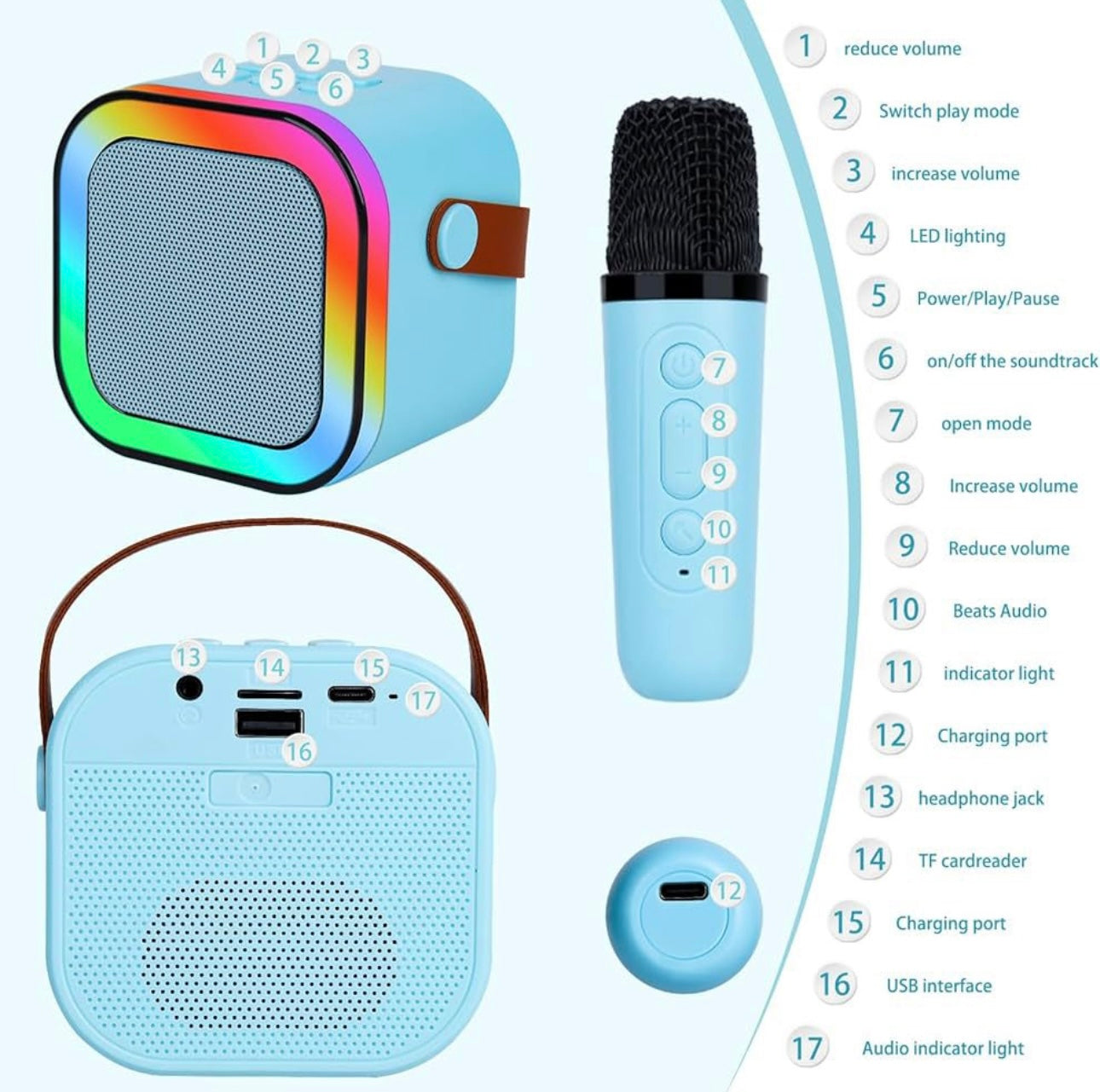 Boxa karaoke portabila, cu microfon wireless, USB, SD card , 14×12.5×7cm