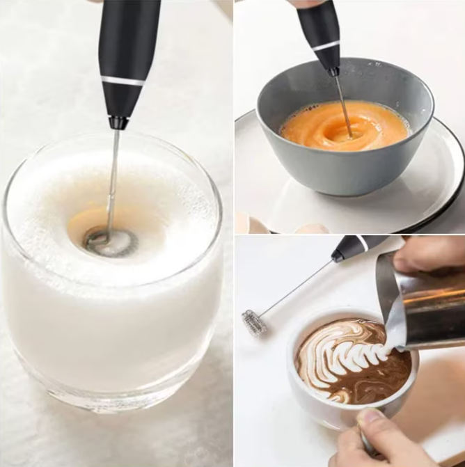 Mixer spuma lapte, Electric cu baterie, bauturi calde/reci, maner izolat termic, otel inoxidabil, Pentru latte, ciocolata calda, cappuccino, frappe, usor de folosit