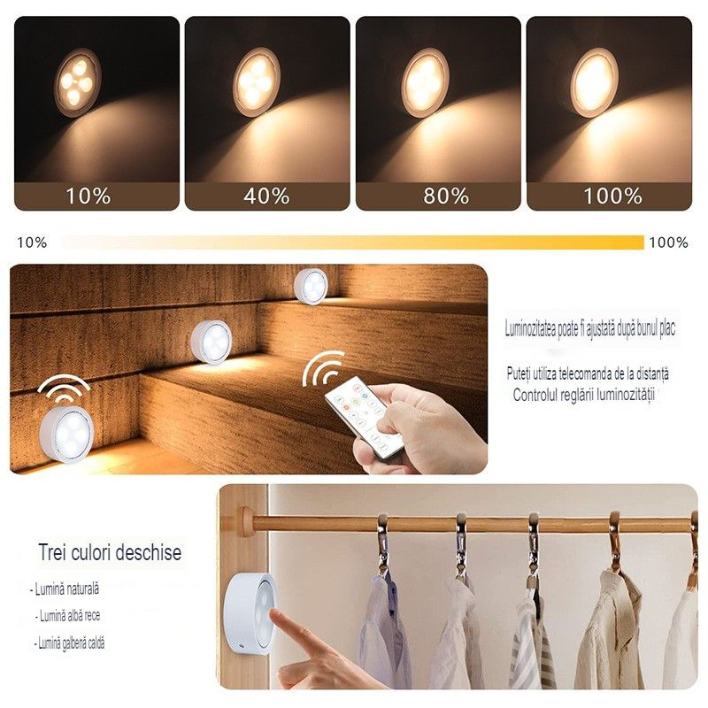 Lampa LED fără fir, cu baterii, 3 culori de lumină, cu telecomandă