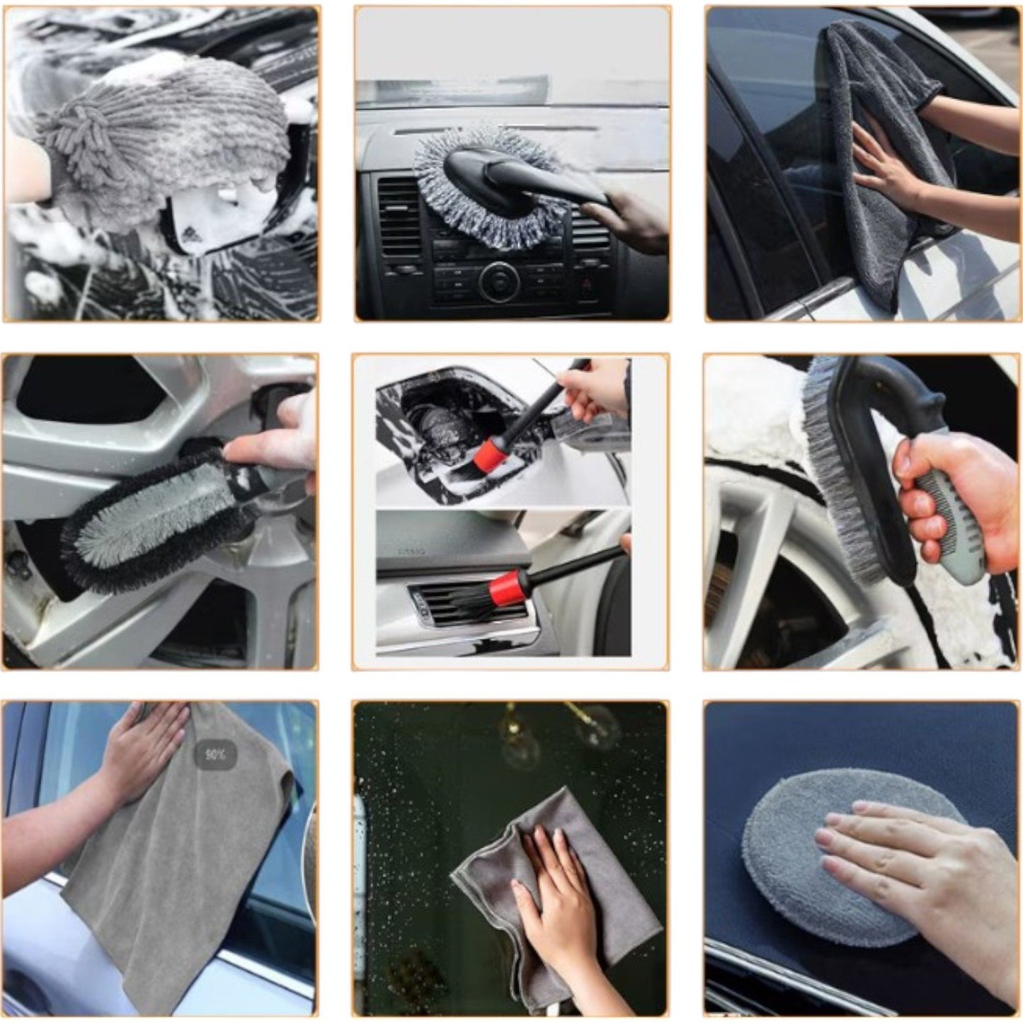 Set 12 Accesorii pentru Curatare Auto, Interior si Exterior, Curatare Jante, Cauciucuri, Gri