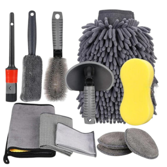 Set 12 Accesorii pentru Curatare Auto, Interior si Exterior, Curatare Jante, Cauciucuri, Gri