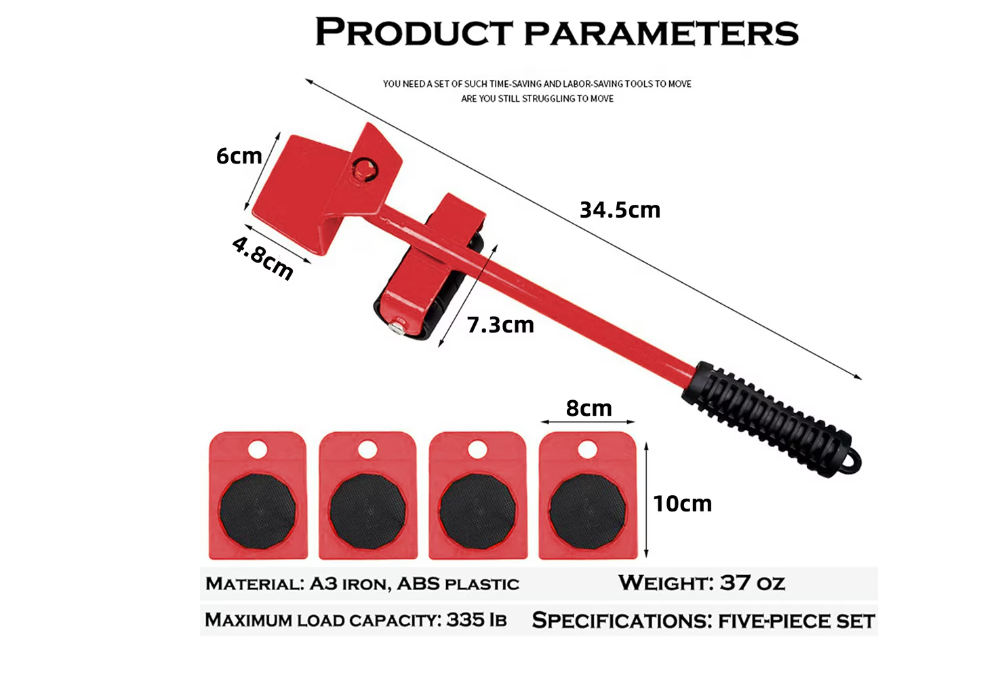 Set transportat si ridicat mobila, cu role pentru ridicat si mutat obiecte grele, maxim 150 kg, Rosu