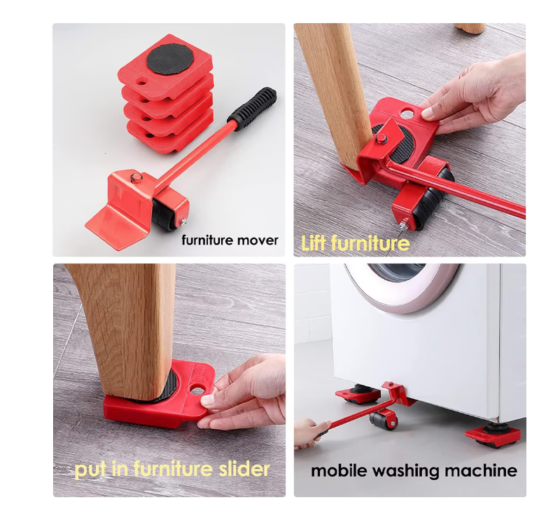 Set transportat si ridicat mobila, cu role pentru ridicat si mutat obiecte grele, maxim 150 kg, Rosu