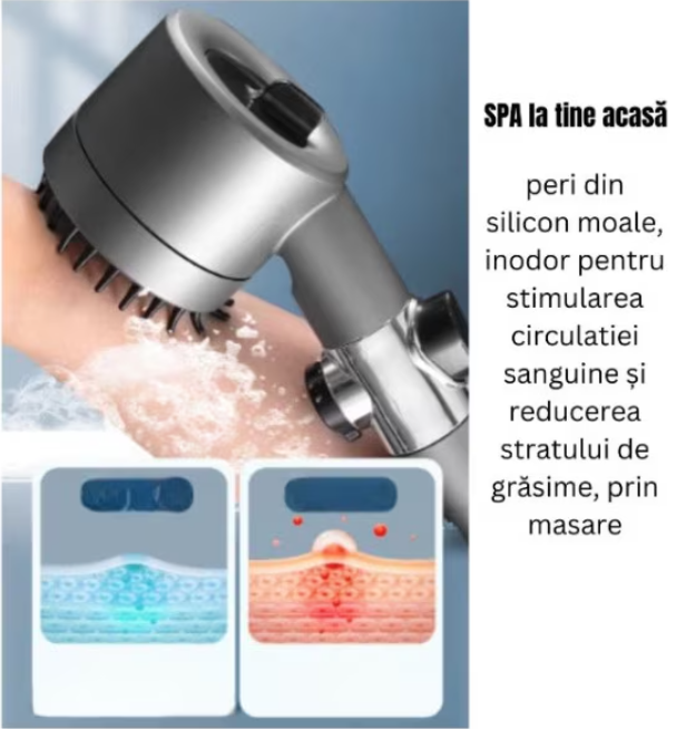 Cap de dus, cu Perie de Masaj, Peri Silicon, 3 Moduri de Presiune Apa, Filtru Purificare Apa Inclus, Forma Ergonomica, Gri Metalic