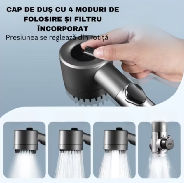 Cap de dus, cu Perie de Masaj, Peri Silicon, 3 Moduri de Presiune Apa, Filtru Purificare Apa Inclus, Forma Ergonomica, Gri Metalic
