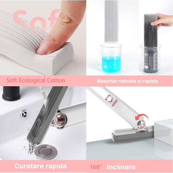 Mini Mop cu Autostoarcere Pentru Suprafete si Geamuri, Spalare Umeda sau Uscata, Alb/gri