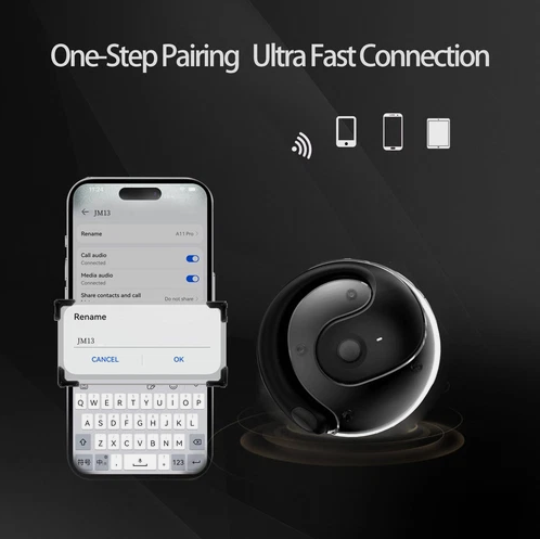 Casti sport stereo OWS T2 True Wireless Apel HD ENC Microfon dublu Reducere zgomot Hifi Silicon moale Design carlig pentru ureche negre