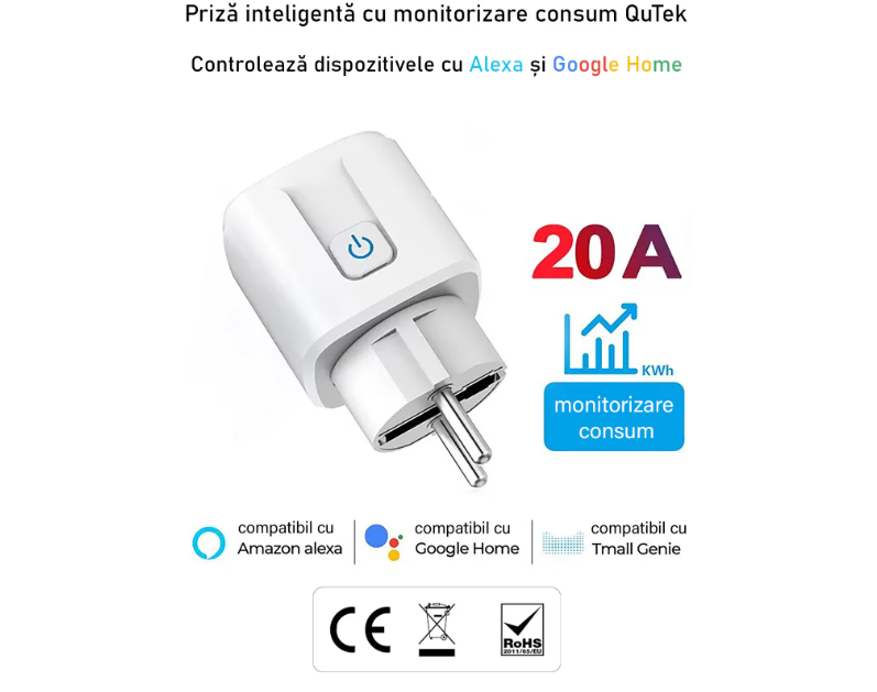Priza SmartPlug® Wi-Fi, Max 20A, monitorizare consum energie, compatibil SmartLife, Google, Alexa