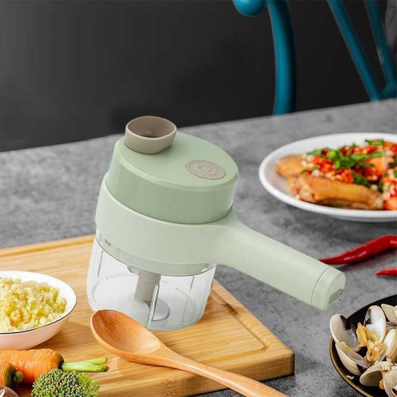 Tocator Electric 4 in 1, Legume, Fructe, Usturoi, Cu Functii de Feliere, Tocare, Peeling, Perie de Curatare, Waterproof, Incarcare USB, Verde