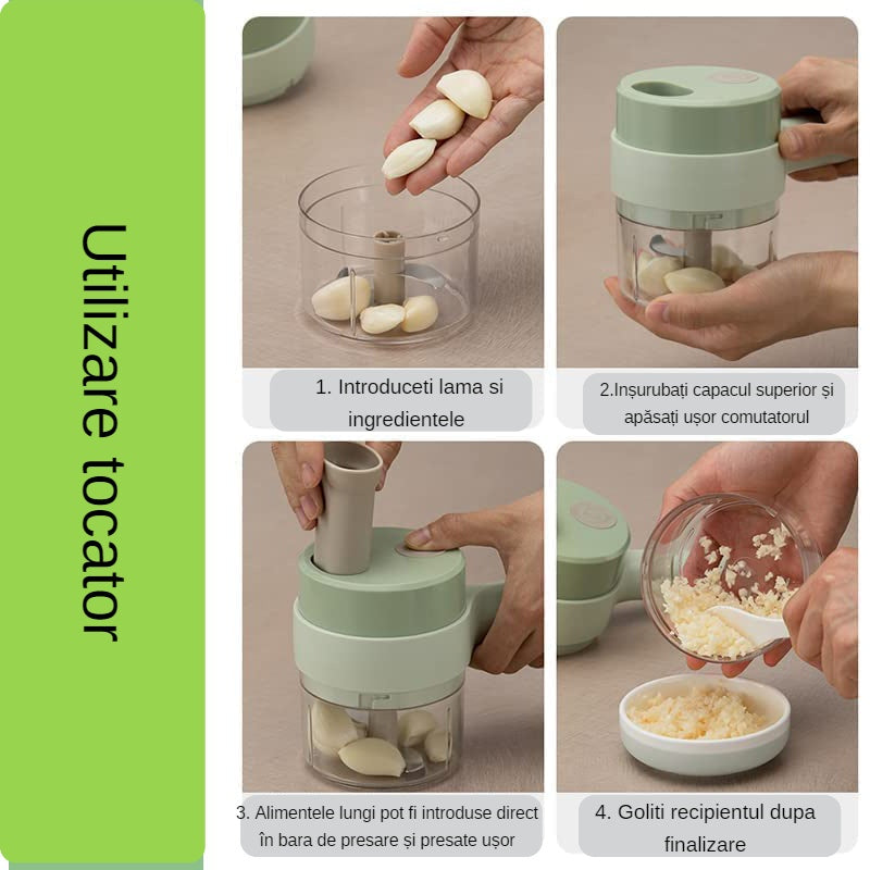 Tocator Electric 4 in 1, Legume, Fructe, Usturoi, Cu Functii de Feliere, Tocare, Peeling, Perie de Curatare, Waterproof, Incarcare USB, Verde
