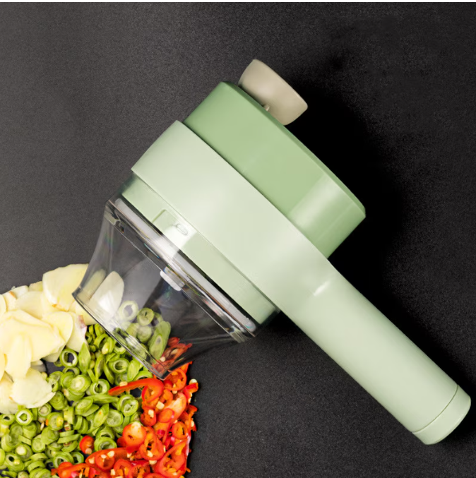 Tocator Electric 4 in 1, Legume, Fructe, Usturoi, Cu Functii de Feliere, Tocare, Peeling, Perie de Curatare, Waterproof, Incarcare USB, Verde