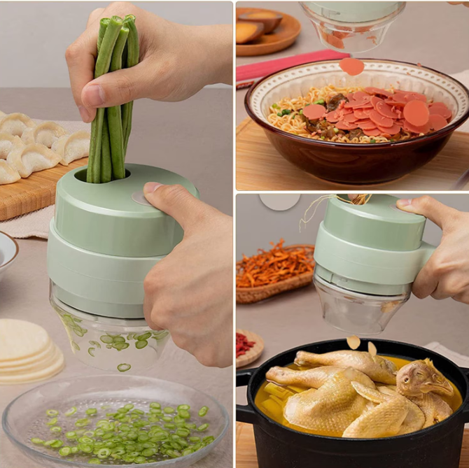 Tocator Electric 4 in 1, Legume, Fructe, Usturoi, Cu Functii de Feliere, Tocare, Peeling, Perie de Curatare, Waterproof, Incarcare USB, Verde